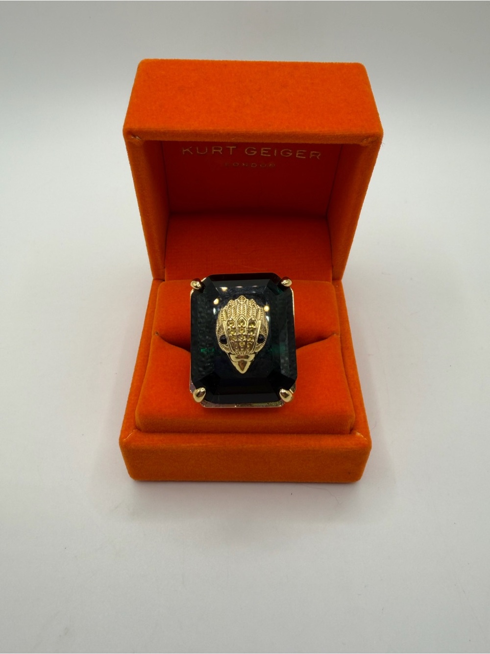 Kurt Geiger Green Stone Signet Ring with Gold Accent